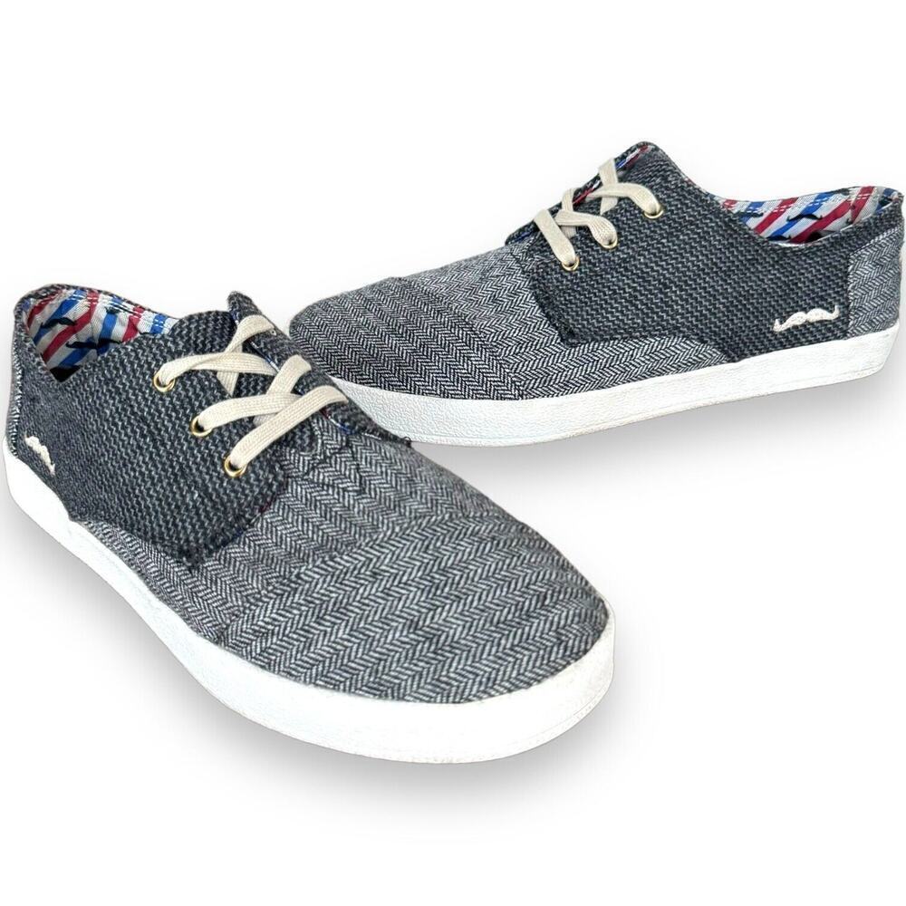 TOMS Mens Mustache Sneakers Gray Herringbone Lace Up Low Top Flat Heel Casual 8